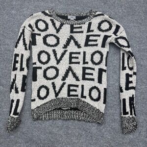 Yaira Womens Love Graphic Intarsia Knit Sweater Black White Marled Size Medium